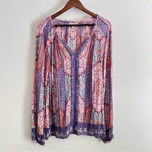 Lucky Brand Women’s Size Large Fringe Trim Blouse Tribal Aztec Purple V Neck Top